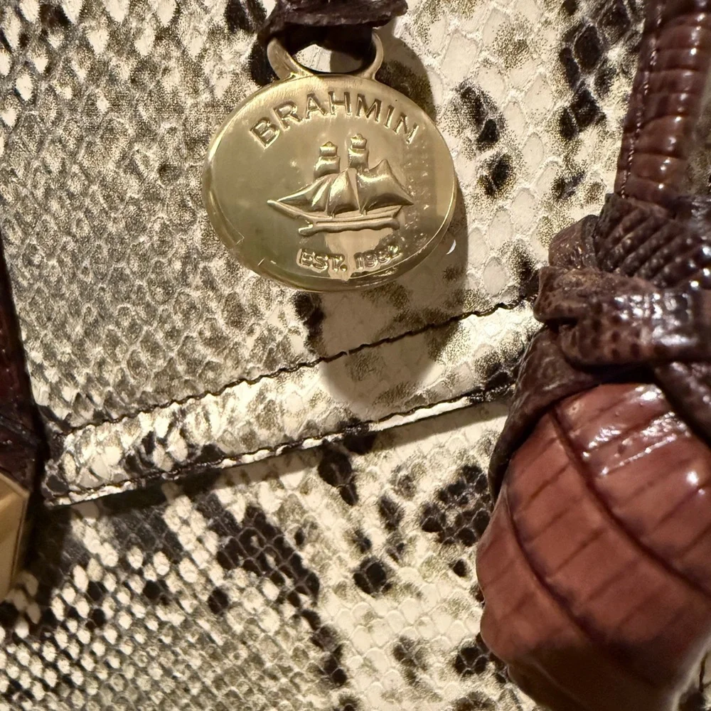 Brahmin Snakeskin Satchel in Cream and Brown with Gold Accents - Picture 4 of 8